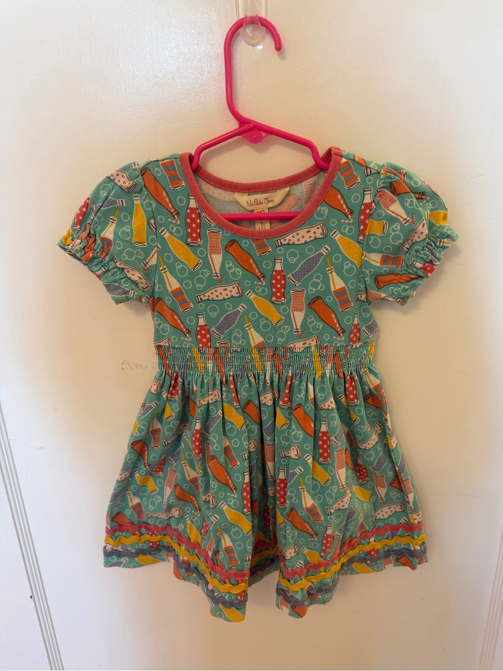 Matilda Jane Aqua Soda Bottle Print Dress with Pink Trim